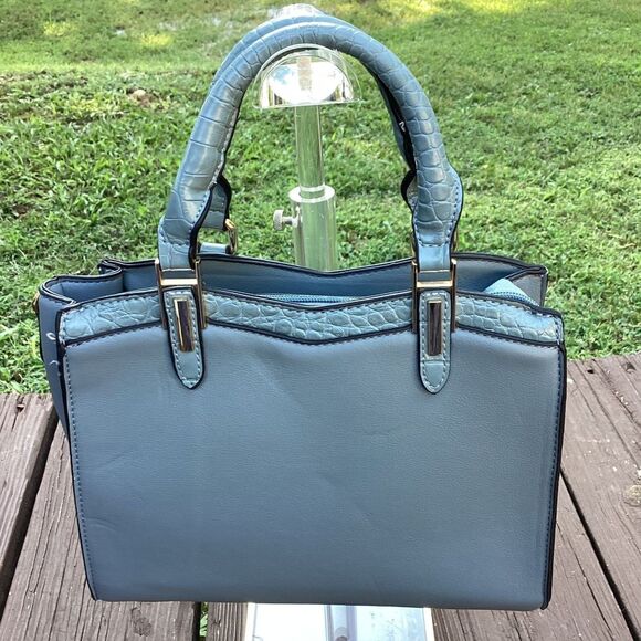 Blue satchel handbag w/ croc-embossed trim, gold hardware, top-zip, crossbody - Picture 1 of 5